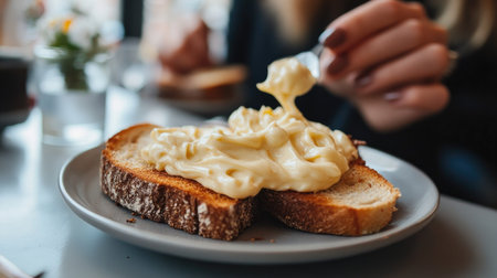Close-up of mayonnaise being spread on toast by a woman's hand at a modern grey table.の素材