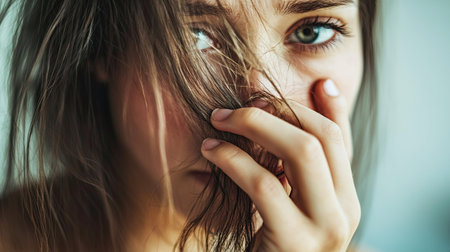 Close-up of a woman holding strands of hair, looking down with concern, hair loss concept, focus on her hand and the loose hair, emphasizing the issueの素材