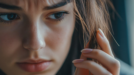 Close-up of a woman looking at strands of hair in her hand, hair loss concept, concerned expression, focus on the hair and her hand, highlighting the issue of thinning hairの素材