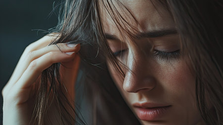 Close-up of a woman holding strands of hair, looking down with concern, hair loss concept, focus on her hand and the loose hair, emphasizing thinning hairの素材