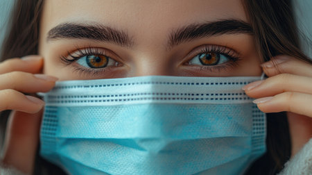 Close-up of a woman taking off her medical mask, white background, portrait, focus on her eyes and facial expression, feeling of relief and fresh airの素材