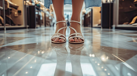 Close-up of a womanaes feet in fashionable sandals as she tries them on in a high-end store, polished floor and elegant decor.の素材