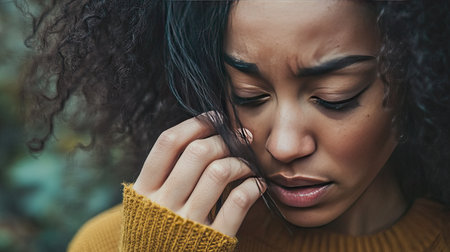 Close-up of a woman looking at fallen hair in her hand, hair loss concept, focus on the strands and her expression of concernの素材