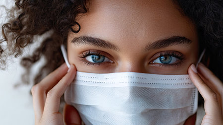 Close-up of a womanaes face as she takes off her medical mask, white background, portrait, emphasis on her eyes and expression of reliefの素材