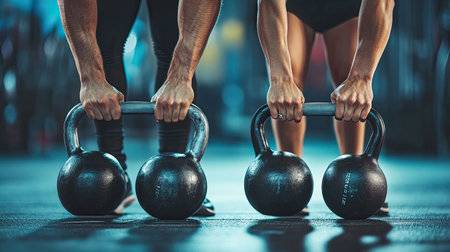 Close-up of a young coupleaes hands gripping kettlebells as they work out together in a gym, focusing on their determination and shared fitness goalsの素材