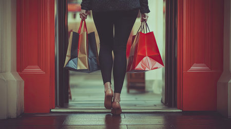 Close-up of a young womanaes legs, walking through the door with shopping bags in hand, toned and elegant, capturing the excitement of a shopping dayの素材