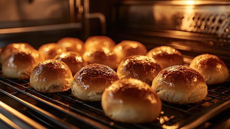 Close-up of freshly baked buns on a baking sheet inside a kitchen oven, their tops perfectly browned, evoking a cozy, homemade vibe for both festive and everyday momentsの素材