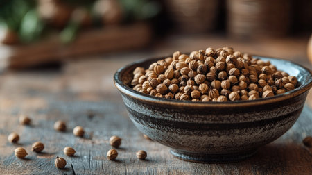 Close-up of dried coriander seeds in a ceramic bowl on a rustic wooden table. A perfect visual for spice and herb-focused content.の素材