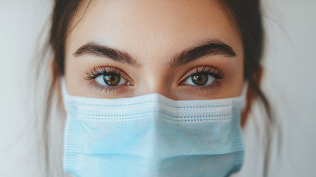Close-up of a womanaes face as she takes off her medical mask, white background, portrait, emphasis on her eyes and expression of reliefの素材