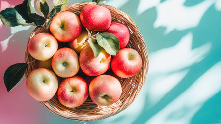 Close-up of apples in a bamboo basket on a pastel backdrop, highlighting the skincare benefits of apple extract for dark circles.の素材