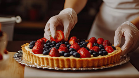 Close-up of a young housewifeaes hands in cooking gloves, meticulously placing fresh blueberries and strawberries on a golden tart, highlighting her baking skills at homeの素材