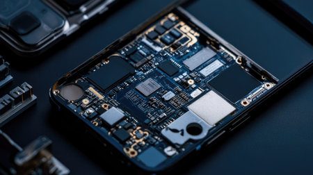 Close-up of the internal components of a smartphone being reassembled, highlighting the meticulous attention to detail in phone repairsの素材