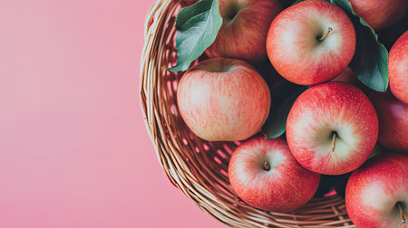 Close-up of fresh apples in a bamboo basket on a pastel background, emphasizing the dark circle-reducing properties of apple extract.の素材