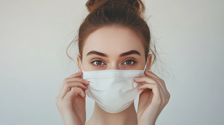 Close-up of a woman taking off her medical mask, white background, portrait, focus on her eyes and facial expression, feeling of relief and fresh airの素材