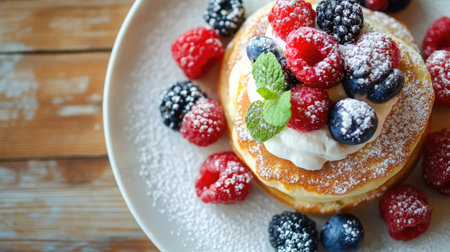 Close-up of fluffy souffle pancakes topped with cream and fresh berries, placed on a white plate on a wooden table, capturing the perfect breakfast treatの素材