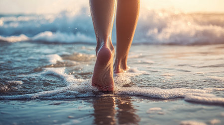 Close-up of a young womanaes bare feet, front view, walking on the beach, waves softly washing over the sand, sunlit summer day, peaceful and calm momentの素材