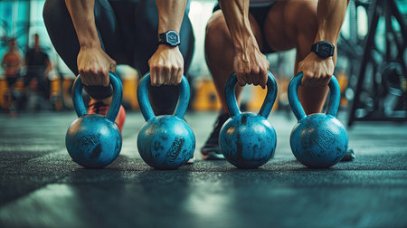 Close-up of a young coupleaes hands gripping kettlebells as they work out together in a gym, focusing on their determination and shared fitness goalsの素材