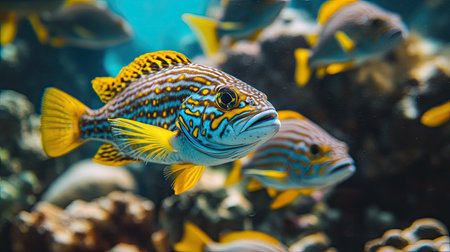Close-up of sweetlips fish with distinctive striped patterns, swimming in a synchronized group among coral formations in Hawaii's tropical watersの素材