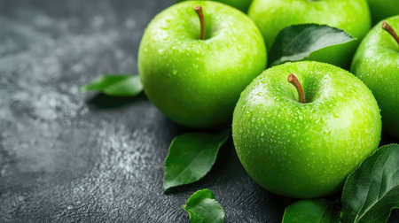 Close-up of green apples on a smooth background, isolated with abstract elements and copy space for text. Organic and healthy.の素材