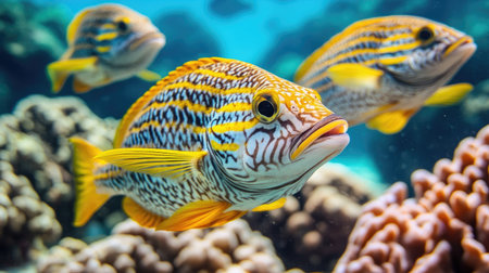 Close-up of sweetlips fish with distinctive striped patterns, swimming in a synchronized group among coral formations in Hawaii's tropical watersの素材
