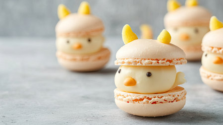 Cute Easter chick macarons with a vanilla and lemon filling, on a concrete background. Perfect for playful and festive designs, with plenty of copy space.の素材