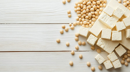 Close-up of tofu and soybeans on a white wooden table, with a clear area for text. Banner layout.の素材