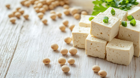 Close-up of tofu and soybeans on a white wooden table, with a clear area for text. Banner layout.の素材