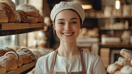 Close-up portrait of a beautiful female baker, her smile warm and inviting as she stands in her bakery shop, filled with fresh bread and pastriesの素材