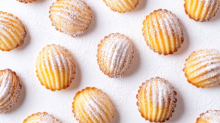 Close-up top view of perfectly baked French madeleine cookies, powdered with icing sugar, isolated on a clean white background.の素材