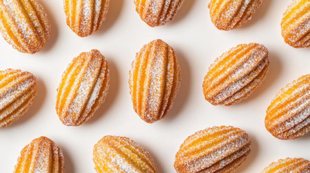 Close-up top view of French madeleine cookies with a light dusting of icing sugar, isolated on a white background. Perfectly delicate and inviting.の素材