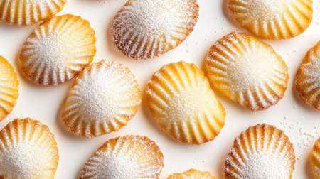 Close-up top view of buttery French madeleine cookies, lightly powdered with icing sugar, isolated on a clean white background.の素材