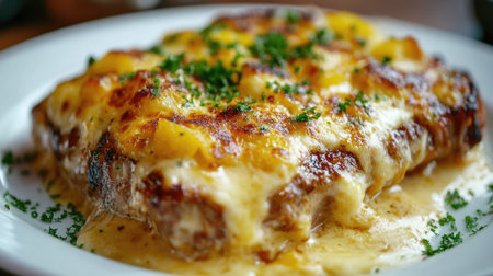 Closeup of baked pork steak with pineapple, covered with golden melted cheese, served on a white plate, highlighting the enticing blend of flavors and textures,の素材