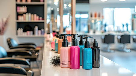 Different hair sprays and hair accessories on a clean table in a beauty salon, with styling chairs and mirrors in the background.の素材