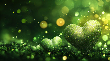 Cute and fresh green hearts with bokeh effects, enhanced by glitter and sparkles for a charming background.の素材