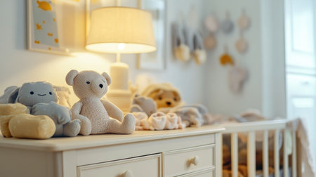 Cute sideboard in a children's room, filled with soft toys and clean baby clothes, creating a warm and inviting atmosphere.の素材