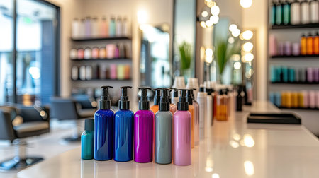 Different hair sprays and hair accessories on a clean table in a beauty salon, with styling chairs and mirrors in the background.の素材