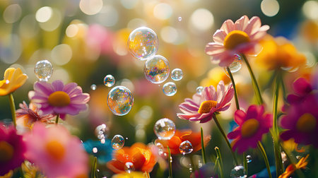 Colorful flower garden in spring, with water bubbles floating effortlessly through the vivid blossoms.の素材