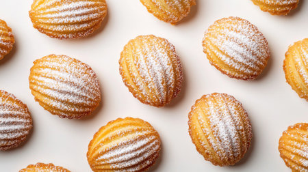 Close-up top view of perfectly baked French madeleine cookies, powdered with icing sugar, isolated on a clean white background.の素材