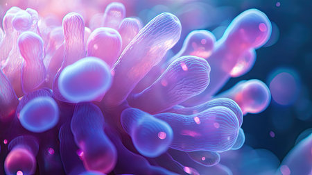 Close-up shot of a bubble anemone's soft, rounded tentacles, glowing in the clear tropical waters, surrounded by vibrant coral formationsの素材