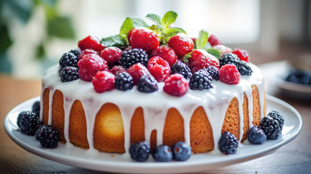 Delicious butter vanilla cake topped with fresh berries and a drizzle of glaze, perfect for a breakfast treat.の素材