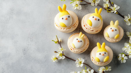 Cute Easter chick macarons with a vanilla and lemon filling, on a concrete background. Perfect for playful and festive designs, with plenty of copy space.の素材