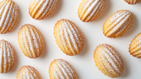 Delicate French madeleine cookies, buttery and powdered with icing sugar, viewed from above on a white background. Elegant and classic treat.の素材