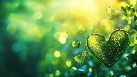 Cute and lively green heart bokeh with glittering sparkles, forming a fresh and joyful background.の素材