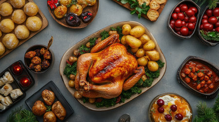 Delicious Christmas dinner setup with a juicy roast chicken, seasoned potatoes, assorted appetizers, and sweet treats, elegantly presented on a grey tableの素材