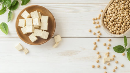 Delicious tofu and soybeans on a white wooden table, with a blank section for text. Banner design.の素材