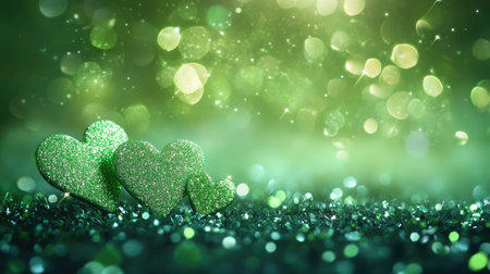 Cute and fresh green hearts with bokeh effects, enhanced by glitter and sparkles for a charming background.の素材