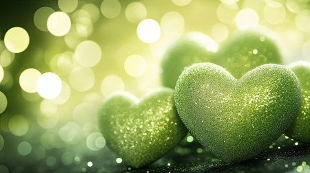 Cute and fresh green hearts with bokeh effects, enhanced by glitter and sparkles for a charming background.の素材