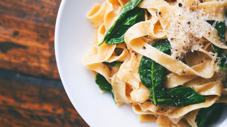 Delicious homemade tagliatelle pasta with spinach and Parmesan, topped with black pepper, beautifully arranged for a Mediterranean diet-themed menu.の素材