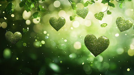 Cute and fresh green heart bokeh background with sparkling glitter, creating a lively and cheerful atmosphere.の素材