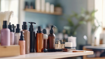 Different hair sprays and salon accessories on a table, ready for a styling session in a modern, well-lit beauty salon.の素材